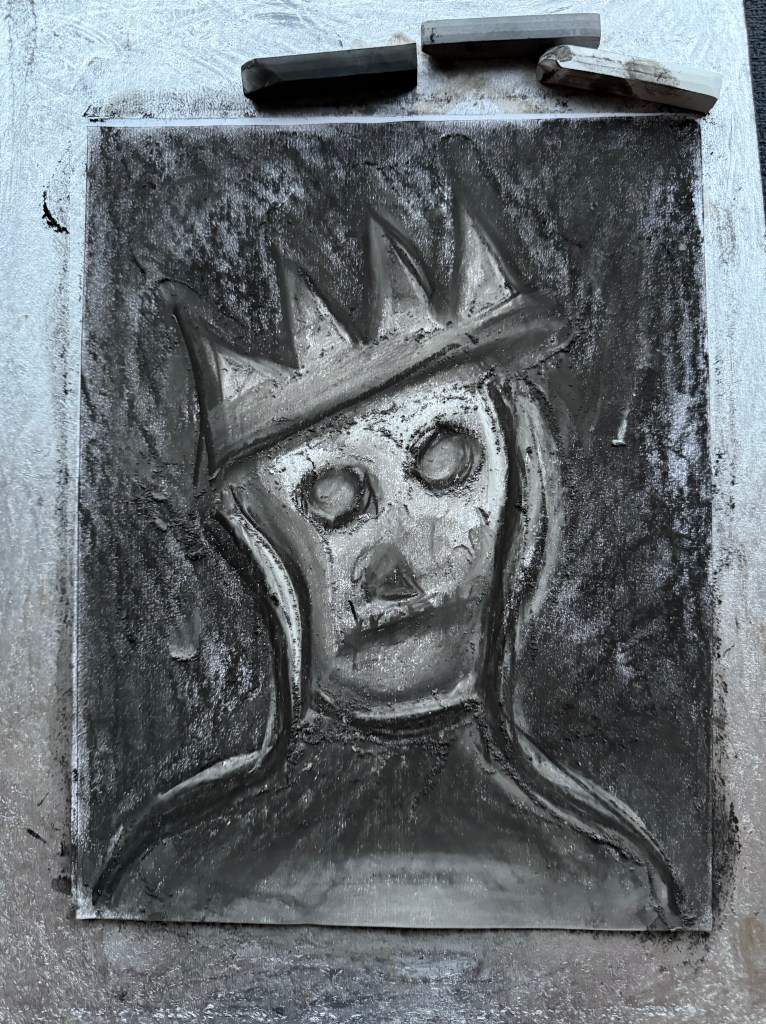 A black and white abstract drawing-sketch of man wearing a crown by Najah Rasheedah